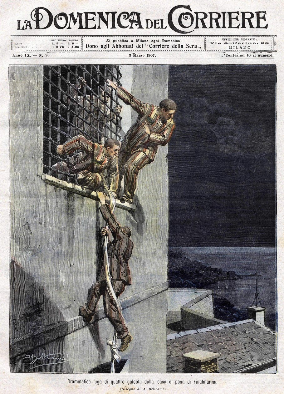 ucieczka trzech więźniów z więzienia Finalmarina we Włoszech w 1907 roku. Ilustracja przedstawiająca Achille Beltrame dla Domenica del Corriere z 3 marca autorstwa Achille Beltrame