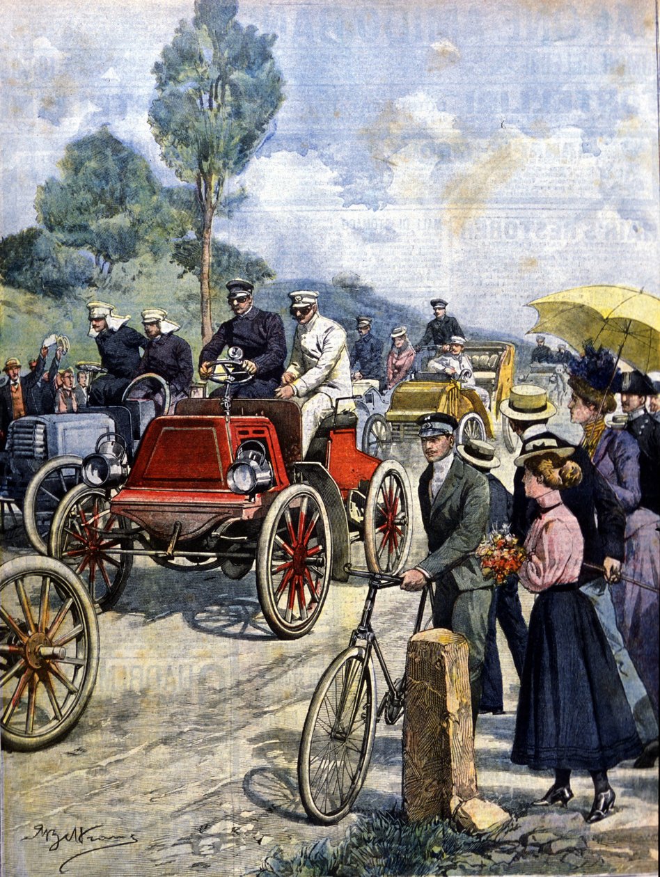 pierwsza runda we Włoszech samochodem w 1901 r. ilustracja autorstwa Achillesa Beltrame autorstwa Achille Beltrame