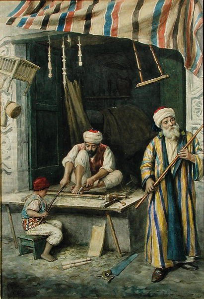 Cieśle arabscy, ok. 1875 (akwarela na papierze) autorstwa Achille Buzzi