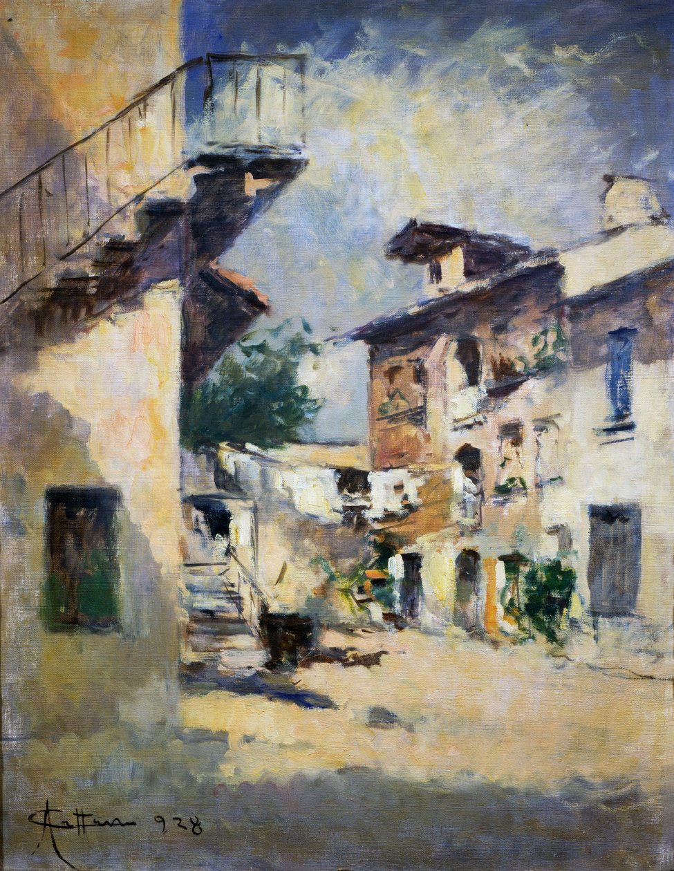 Wnętrze rustykalnego dziedzińca, autorstwa Achille Cattaneo (1872-1931). Włochy, XX wiek. autorstwa Achille Cattaneo