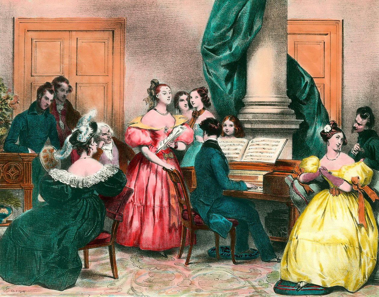 Muzyczne popołudnie w rodzinie Rycina Achille Deveria (1800-1857) Rycina XIX wieku. Prywatna kolekcja autorstwa Achille Devéria
