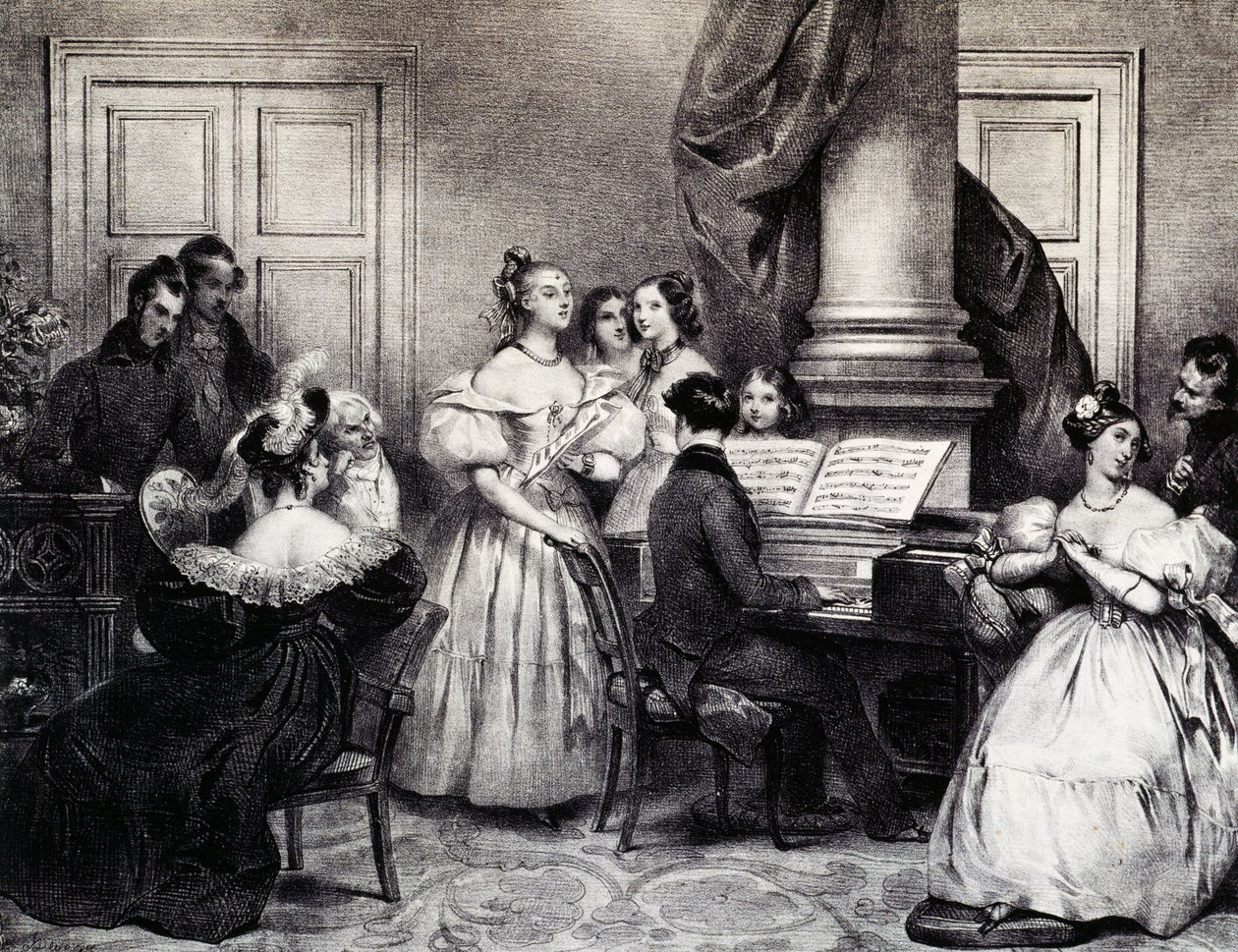 Koncert rodzinny z fortepianem, Achille Deveria (1800-1857), rycina, Francja autorstwa Achille Devéria