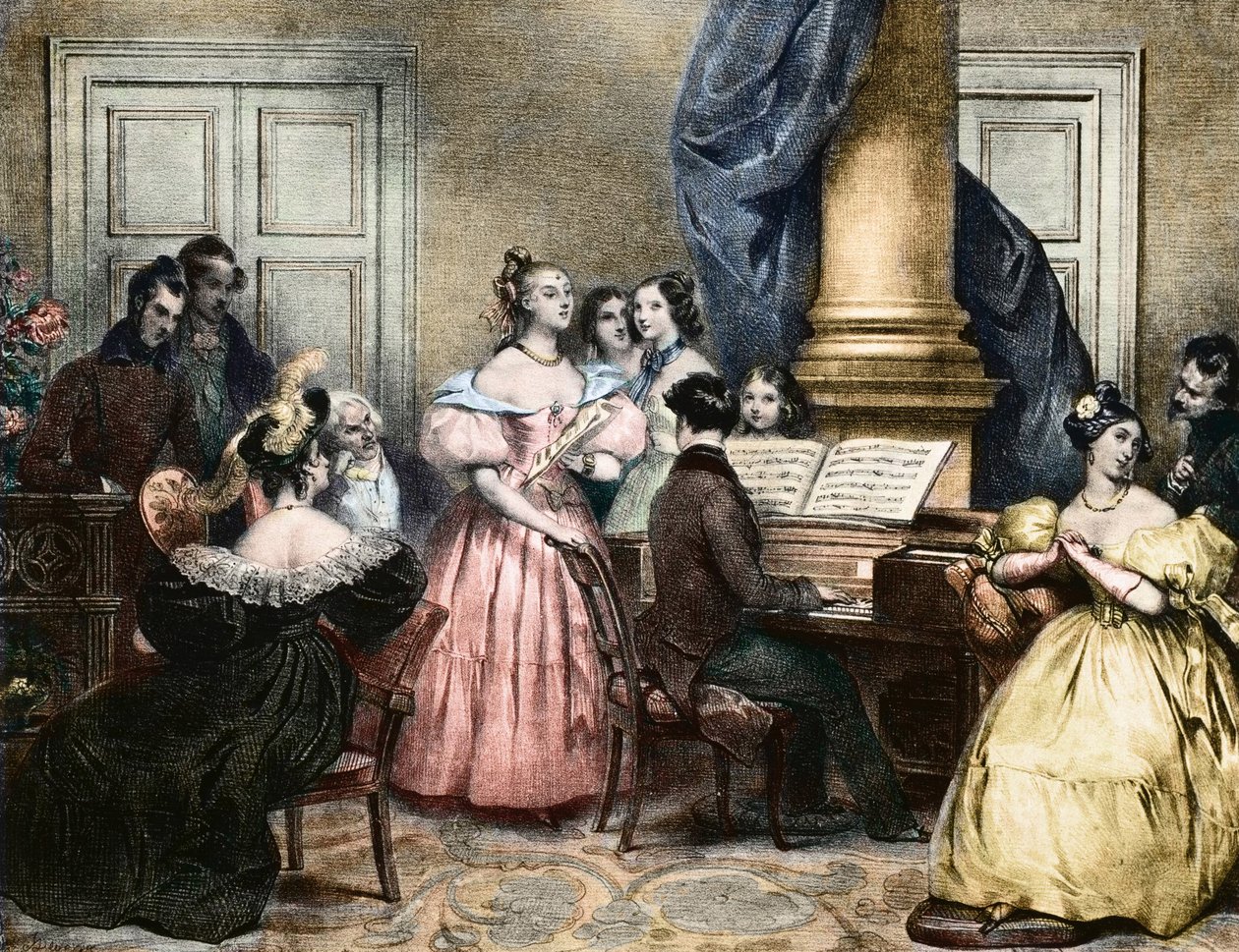 Wieczór muzyczny - Wieczór muzyczny przy fortepianie - Achille Deveria (1800-1857) ca. 1840 autorstwa Achille Devéria
