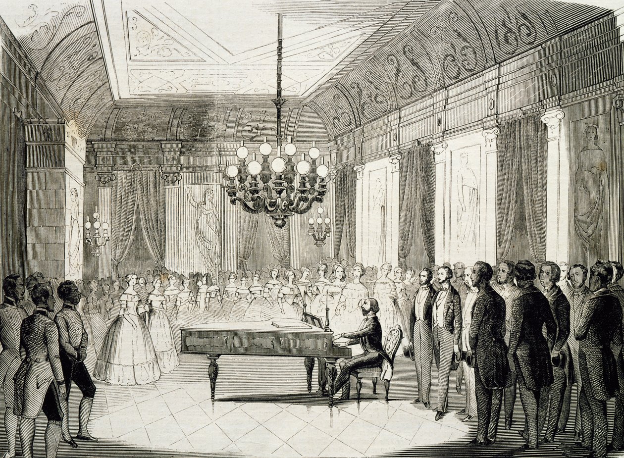 Wieczór muzyczny z fortepianem, Achille Deveria (1800-1857), rycina, Francja autorstwa Achille Devéria