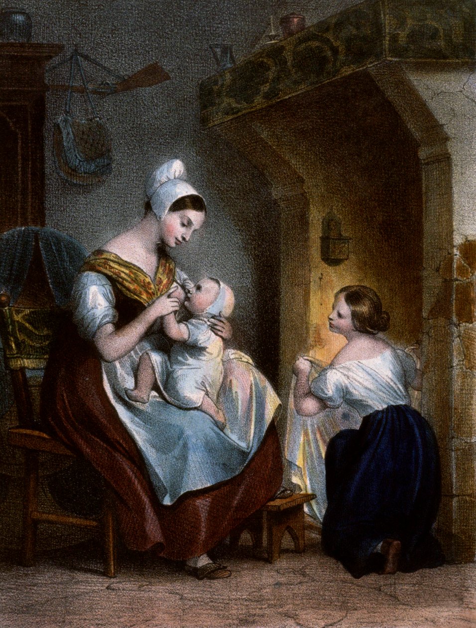Pielęgniarka karmi piersią dziecko. Litografia, ok. 1850 r autorstwa Achille Devéria