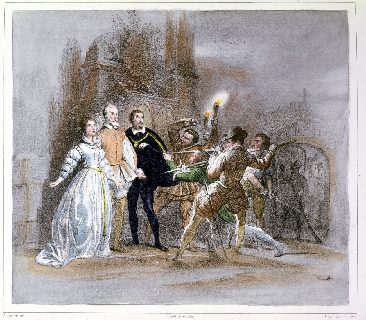 Scena z „Hugenotów” (1836) Giacomo Meyerbeera (1791-1864) autorstwa Achille Devéria