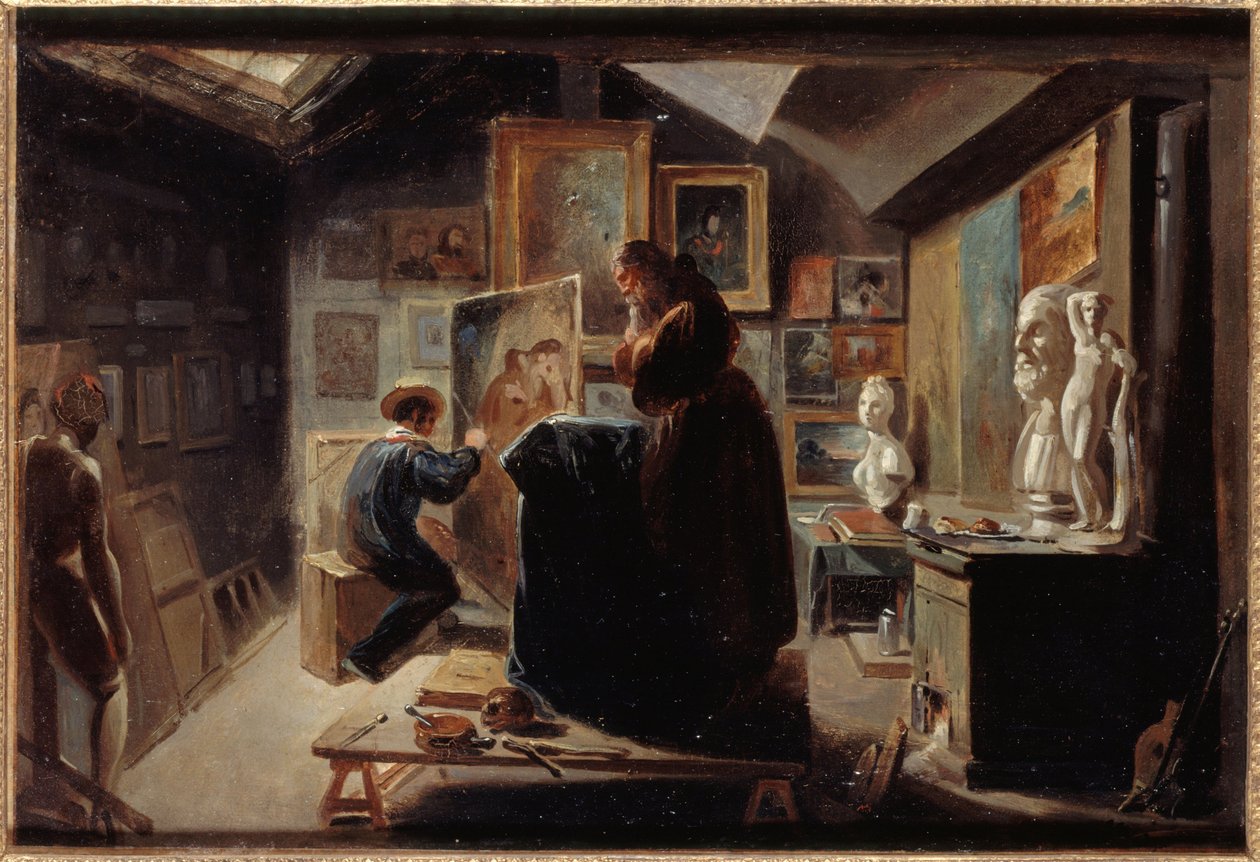Pozowanie modelki, około 1838 (olej na papierze na płótnie) autorstwa Achille Devéria