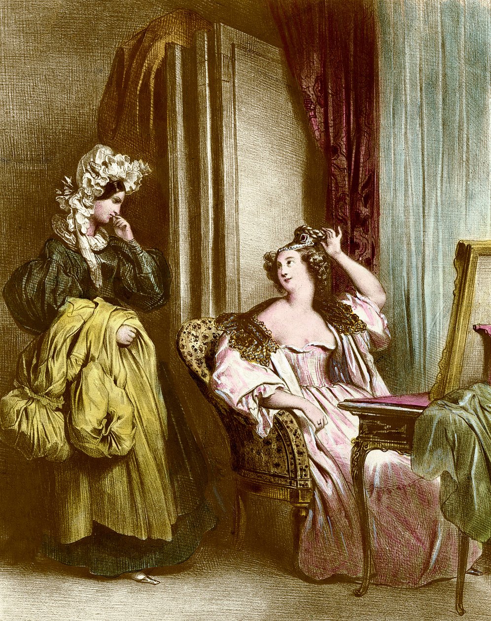 Toaleta: elegancka młoda kobieta ze służebnicą Litografia Achillesa Deveria (1800-1857) XIX-wieczna kolekcja Particuliere autorstwa Achille Devéria