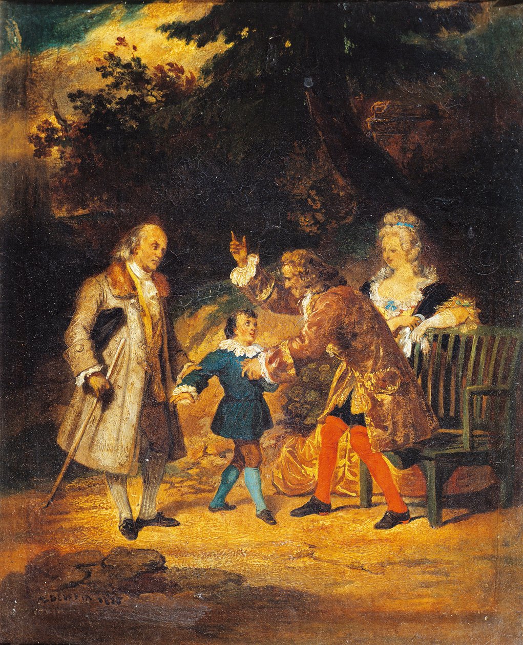 Wolter (1694-1778) witający Franklina (1706-1790) i jego bratanka autorstwa Achille Devéria