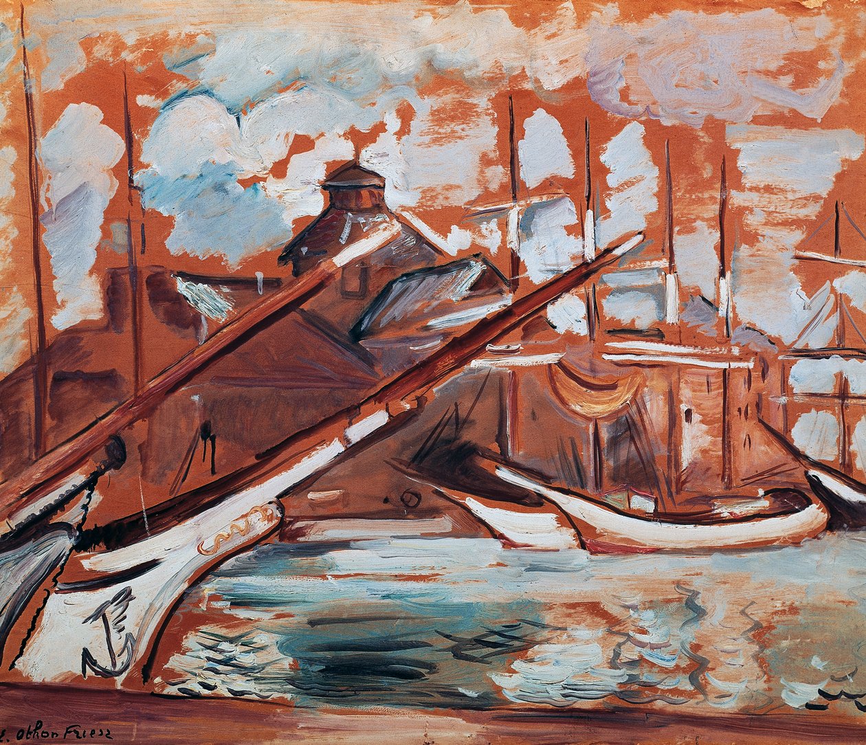 Scena portowa, Othon Friesz (1879-1949), olej na tekturze, 54x65 cm. Francja, XX wiek. autorstwa Achille Emile Othon Friesz
