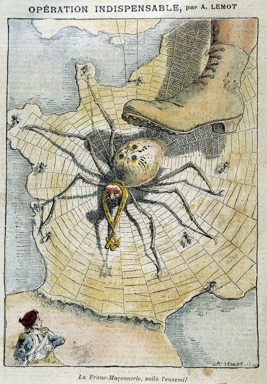 Wolnomularstwo jest wrogiem (pająk tkający swoją sieć we Francji) - w „Le Pelerin” z 28.04.1907 r. autorstwa Achille Lemot