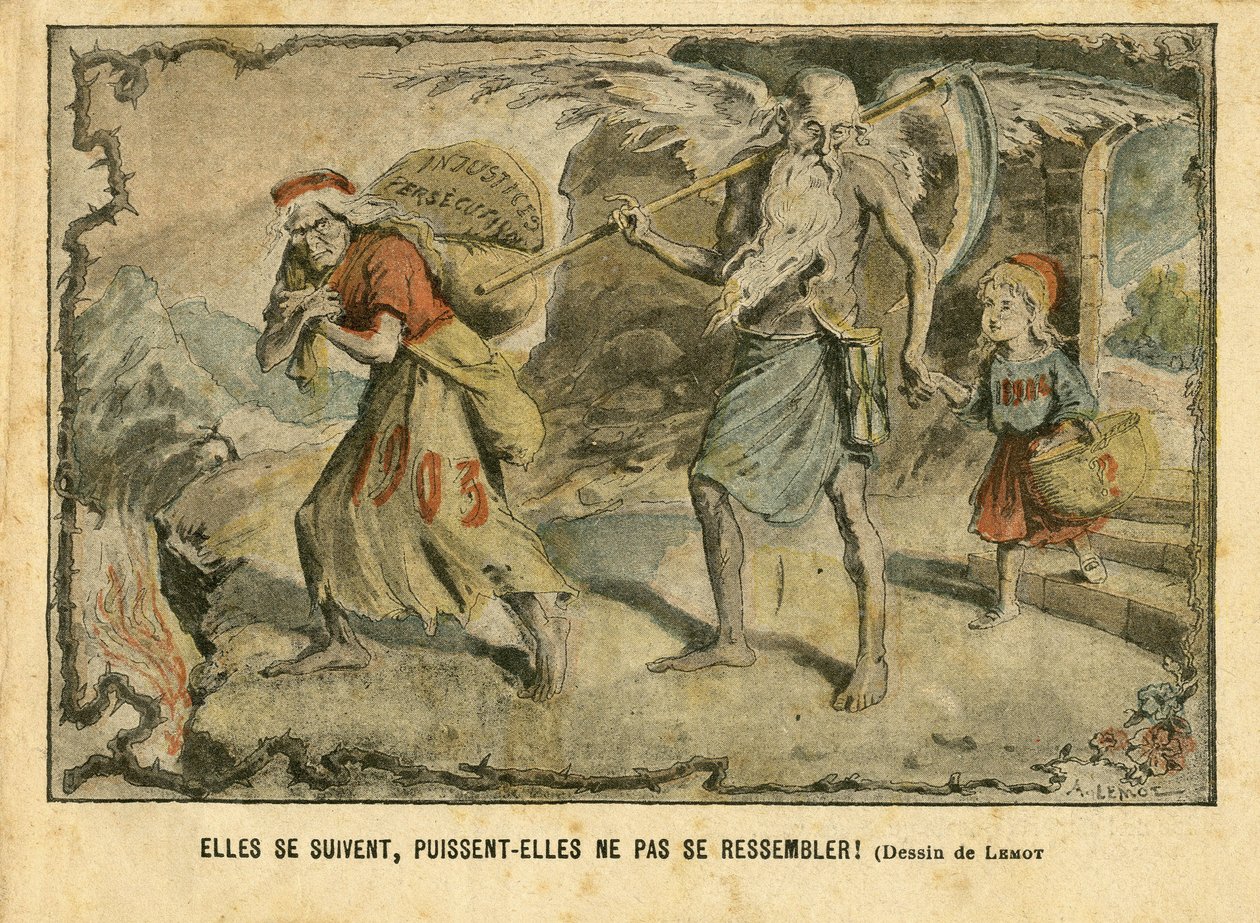 Ilustracja Achille Lemot (1846-1909) w Le Pelerin, 03.01.2004 - Idą za sobą, oby nie były takie same! Niesprawiedliwe prześladowania - dzieciństwo, religia wiara, czas/pory roku, nowy rok - Marianne, czas (alegoria) - alegoria, opozycja/stowarzyszenie autorstwa Achille Lemot