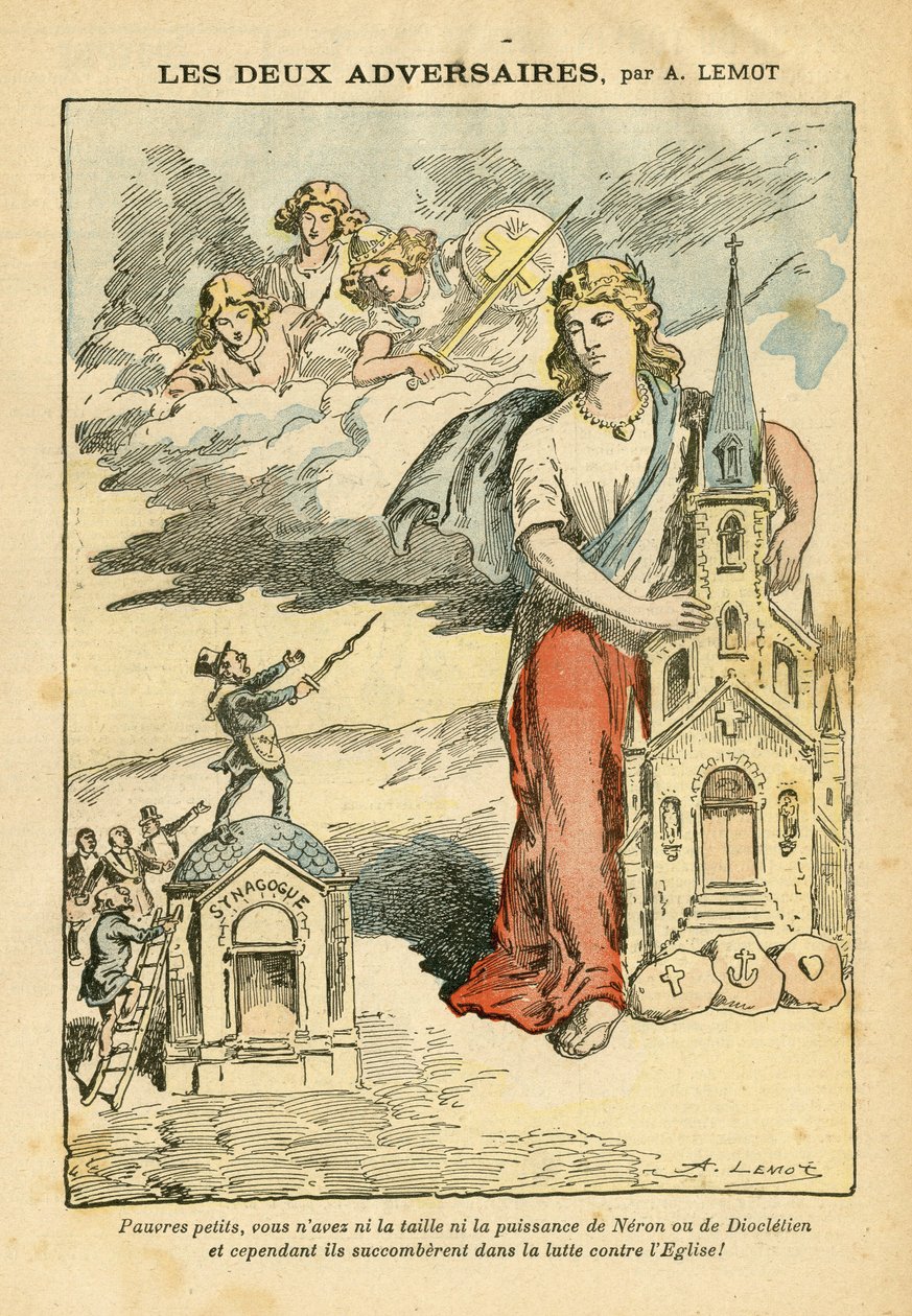 Ilustracja Achille Lemot (1846-1909) w Le Pelerin, 09.09.06 - Dwaj przeciwnicy - Antysemityzm, Wiara Religijna, Trójkolorowa flaga, Kościoły katedralne, Synagoga, Katolicyzm - Alegoria, Zmiana skali autorstwa Achille Lemot