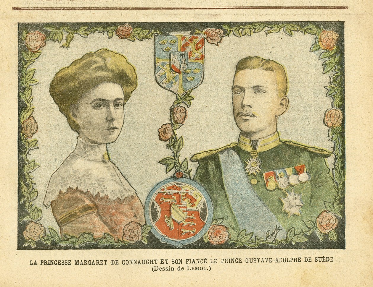Ilustracja Achille Lemot (1846-1909) w Le Pelerin, 21.05.05 - Księżniczka Małgorzata z Connaught i jej narzeczony książę Gustave-Adolphe Szwecji - Monarchia, Medal, Suweren Zagraniczny, Szwecja - De Connaught Margaret (1882-1920) , Gustaw IV Adolf Szwed autorstwa Achille Lemot