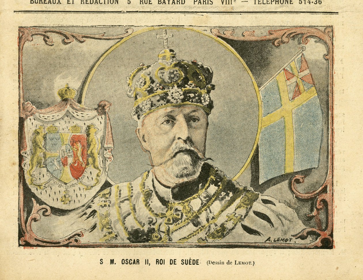 Ilustracja Achille Lemot (1846-1909) w Le Pelerin, 02.07.05 - Jego Wysokość Oskar II, Król Szwecji - Monarchia, Szwecja - Oskar II autorstwa Achille Lemot