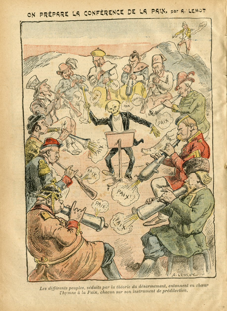 Ilustracja przedstawiająca Achille Lemota (1846-1909) w Le Pelerin, 03.02.07 - Przygotowanie Konferencji Pokojowej - Rosja, Niemcy Prusy, Azja, Muzyka, Ameryka USA USA, Anglia Wielka Brytania, Wschód, Europa, Włochy, Chiny, Kanonicy , muszle, Pokój, Taniec autorstwa Achille Lemot