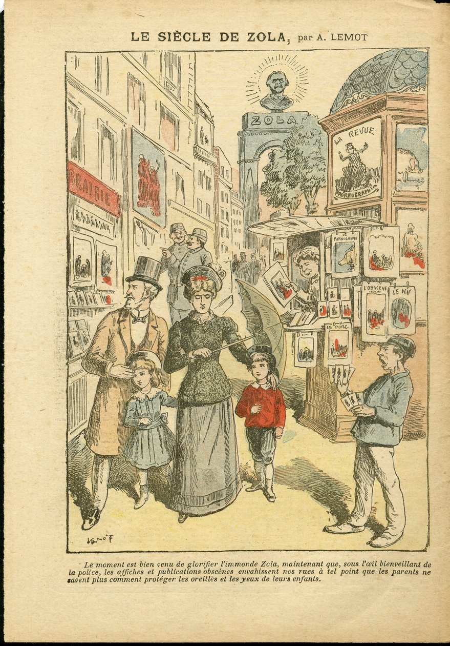 Ilustracja Achille Lemot (1846-1909) w Le Pelerin, 03.05.08 - Wiek Zoli - Religia Wiara, Rodzina, Pornografia, Kioski z gazetami, Katolicyzm, Rue alley - Zola Emile autorstwa Achille Lemot