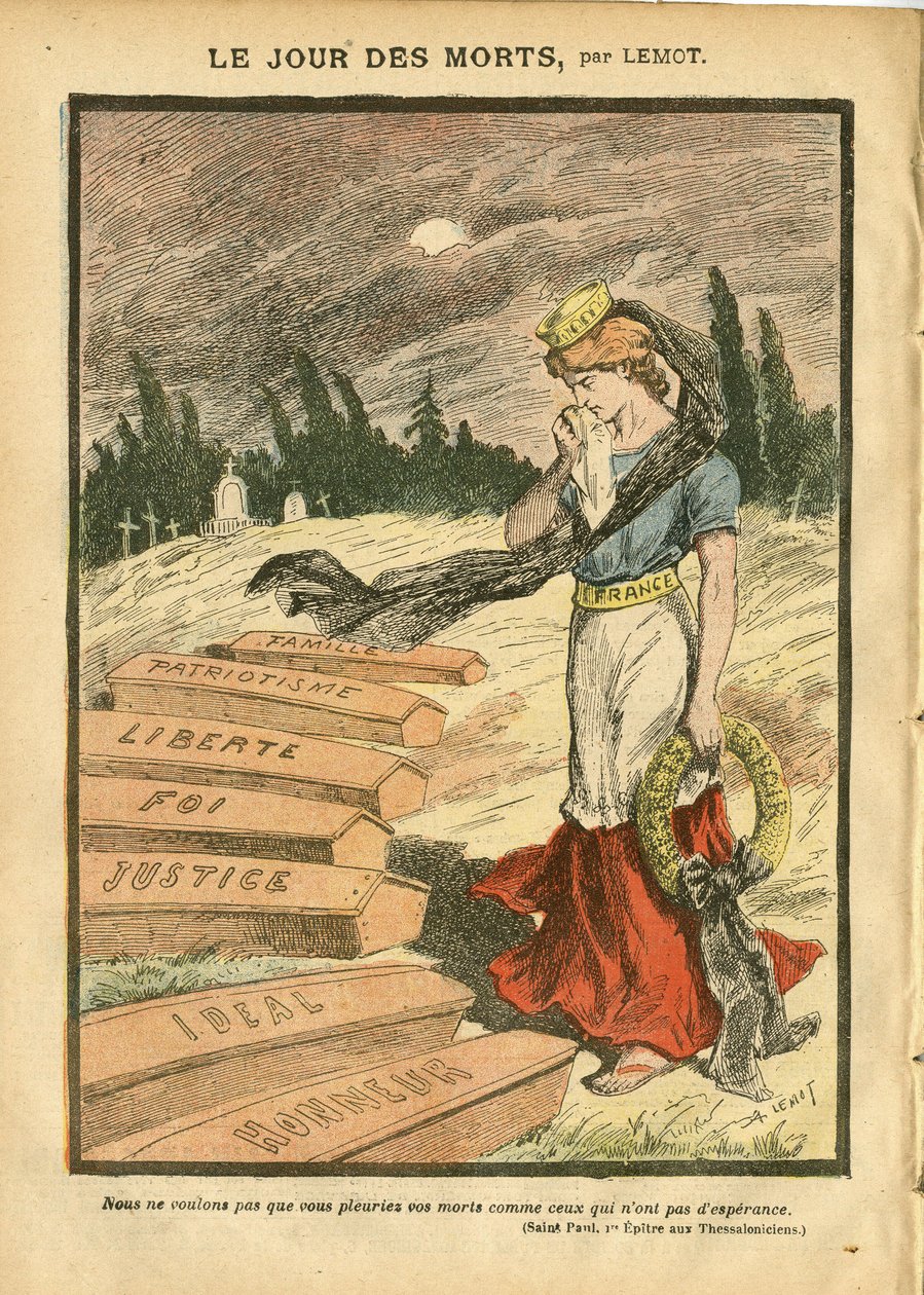 Ilustracja Achille Lemot (1846-1909) w Le Pelerin, 11.03.07 - Dzień Zmarłych - Proces Sprawiedliwości, Wiara Religijna, Liberte, Francja, Trójkolorowa flaga, Patriotyzm, Obseque żałobny Pogrzeb, Honor, Szkatułka - Marianne - Śmierć, metafora religijna autorstwa Achille Lemot