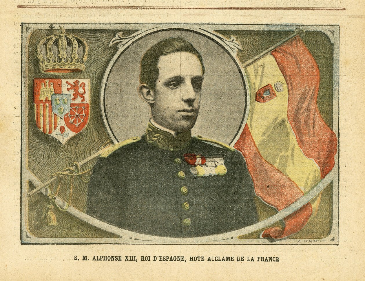 Ilustracja Achille Lemot (1846-1909) w Le Pelerin, 06.04.05 - Jego Wysokość Alfons XIII, Król Hiszpanii, Hote Aclame Francji - Hiszpania, Monarchia, Flagi, Władca Zagraniczny - Alfons XIII autorstwa Achille Lemot