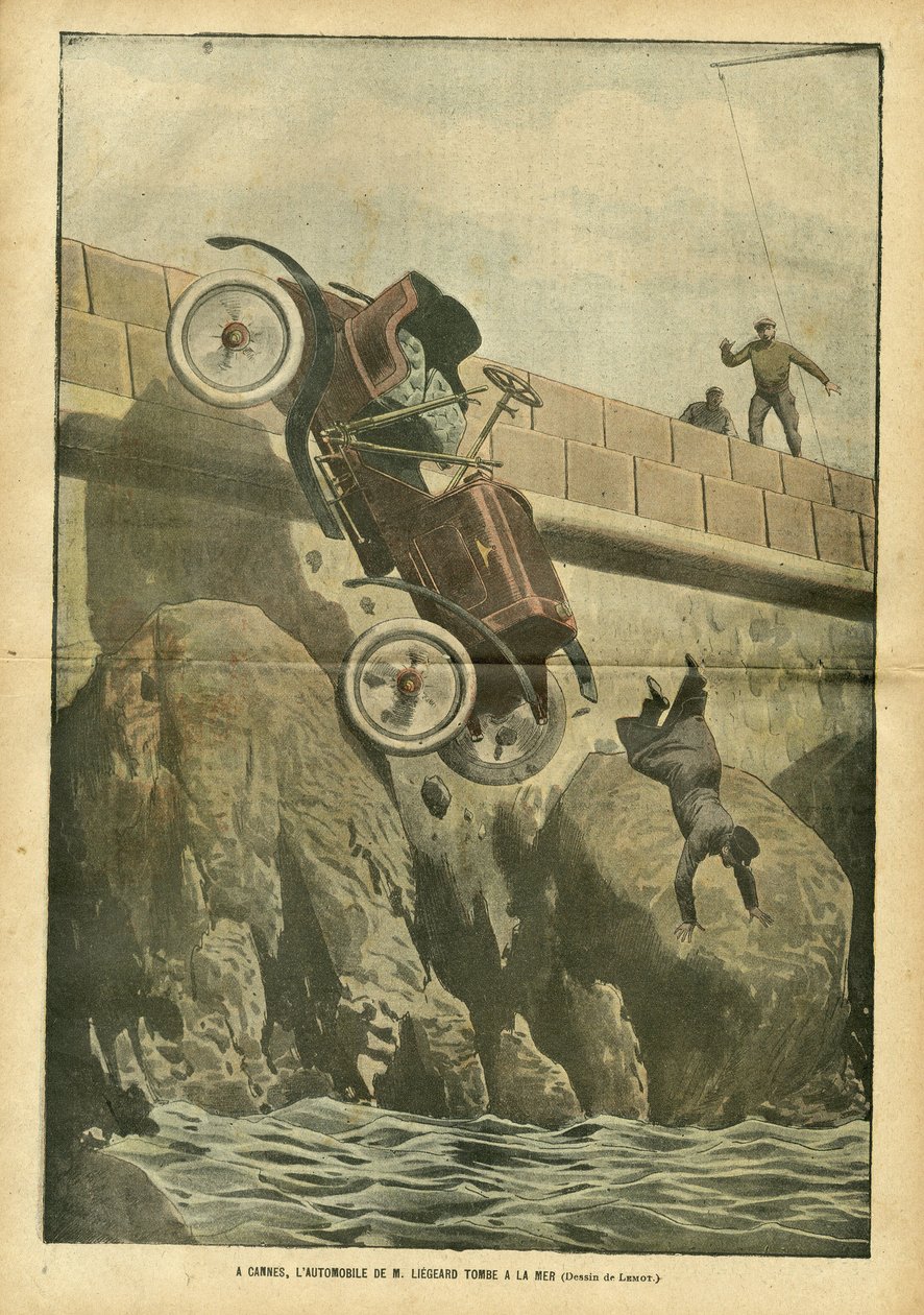 Ilustracja przedstawiająca Achille Lemota (1846-1909) w Le Pelerin, 05.05.07 - W Cannes samochód pana Liegarda spada do morza - Różne fakty, Motoryzacja, Morskie wybrzeże morskie, Wypadki Katastrofy autorstwa Achille Lemot
