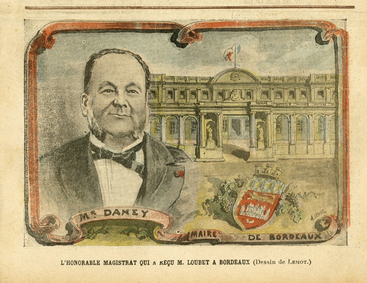 Ilustracja Achille Lemot (1846-1909) w Le Pelerin, 07.05.05 - Honorowy Sędzia, który przyjął M. Loubet w Bordeaux - Architektura Urbanizm, Prezydent Republiki, Bordeaux - Burmistrz, Daney Alfred (1832-1911) autorstwa Achille Lemot