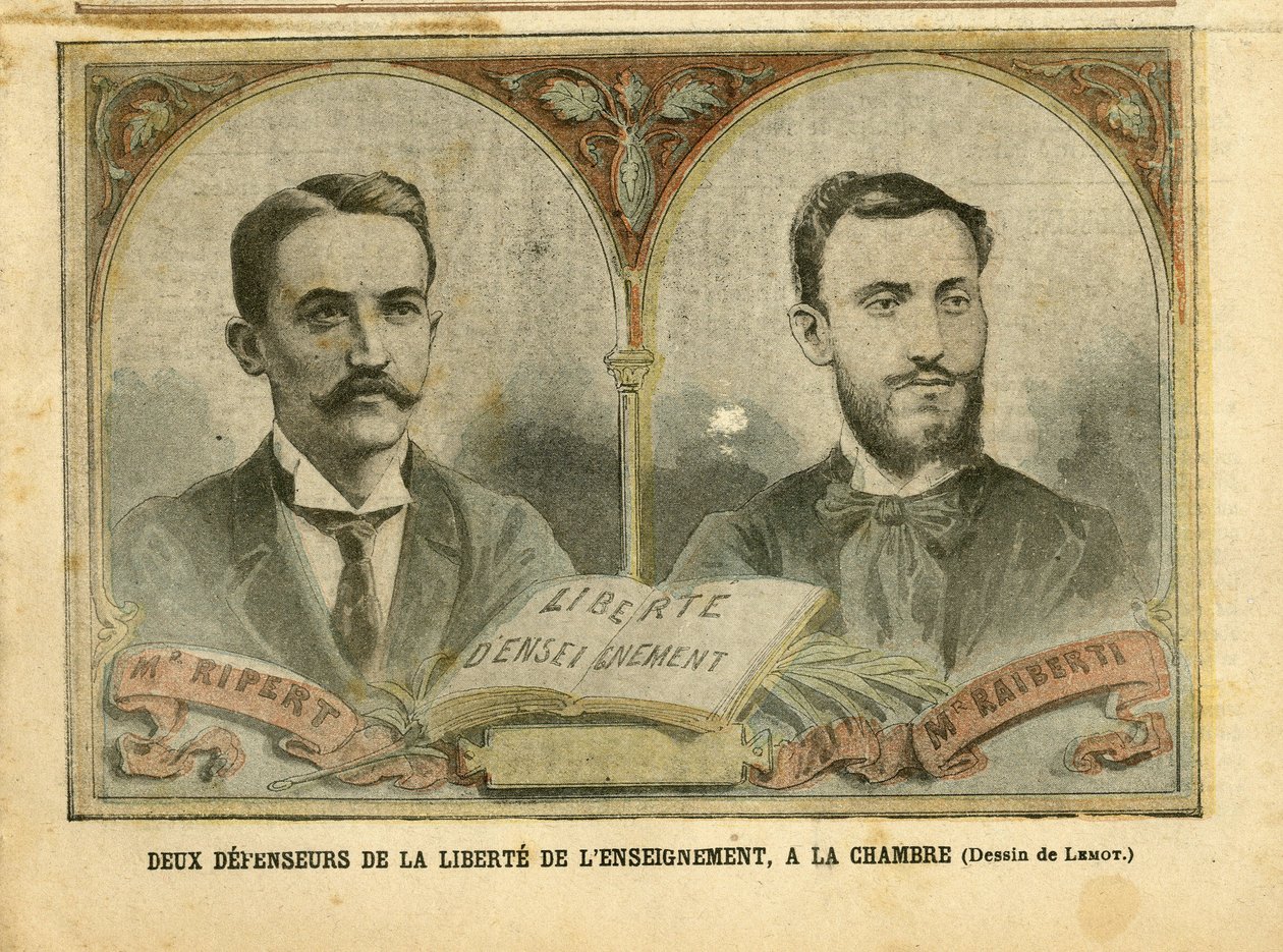 Ilustracja Achille Lemot (1846-1909) w Le Pelerin, 20.03.04 - Dwóch Obrońców Wolności Edukacji - Nauczanie, Religia Wiara, Katolicyzm - Wolność Edukacji - Ripert Jean-Baptiste (1870-1958), Raiberti Flaminus (1862-1929) autorstwa Achille Lemot