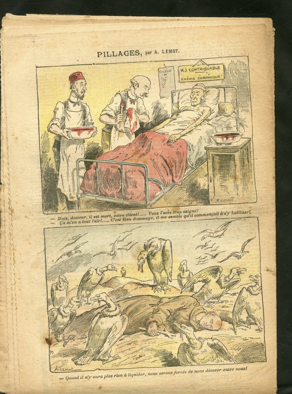 Ilustracja przedstawiająca Achille Lemota (1846-1909) w Le Pelerin, 21.02.09 - Grabieże - Medycyna, Religia Wiara, Podatki, Katolicyzm - Laicyzacja Laicite Laiques, Kongregacje - Sęp, Medycyna, Podatnicy, Mnisi autorstwa Achille Lemot