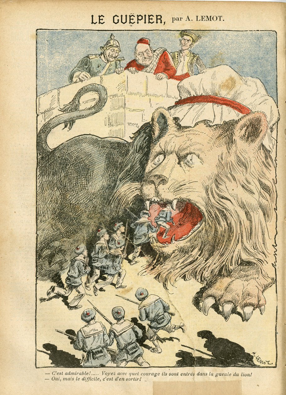 Ilustracja Achille Lemot (1846-1909) w Le Pelerin, 25.08.07 - Le Guepier - Wojna, Niemcy Prusy, Anglia Wielka Brytania, Hiszpania, Morskie Wybrzeże - Lew/Tygrys autorstwa Achille Lemot