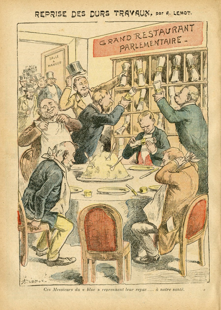 Ilustracja Achille Lemot (1846-1909) w Le Pelerin, 27/10/07 - Wznowienie ciężkiej pracy - Antyparlamentaryzm, kawiarnie restauracyjne, Izba Deputowanych - Hemicykl, Bloc des lefts, Plate au beurre - Depute - Metafora alimentaire autorstwa Achille Lemot