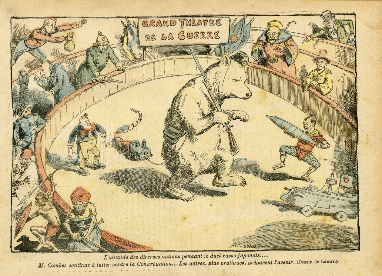 Ilustracja przedstawiająca Achille Lemota (1846-1909) w Le Pelerin, 28.02.04 - Stosunek różnych narodów... - Rosja, Wojna rosyjsko-japońska - Combes Emile, Niedźwiedź, Niedźwiedź - Animalization, Karnawał/Gra/Cyrk autorstwa Achille Lemot