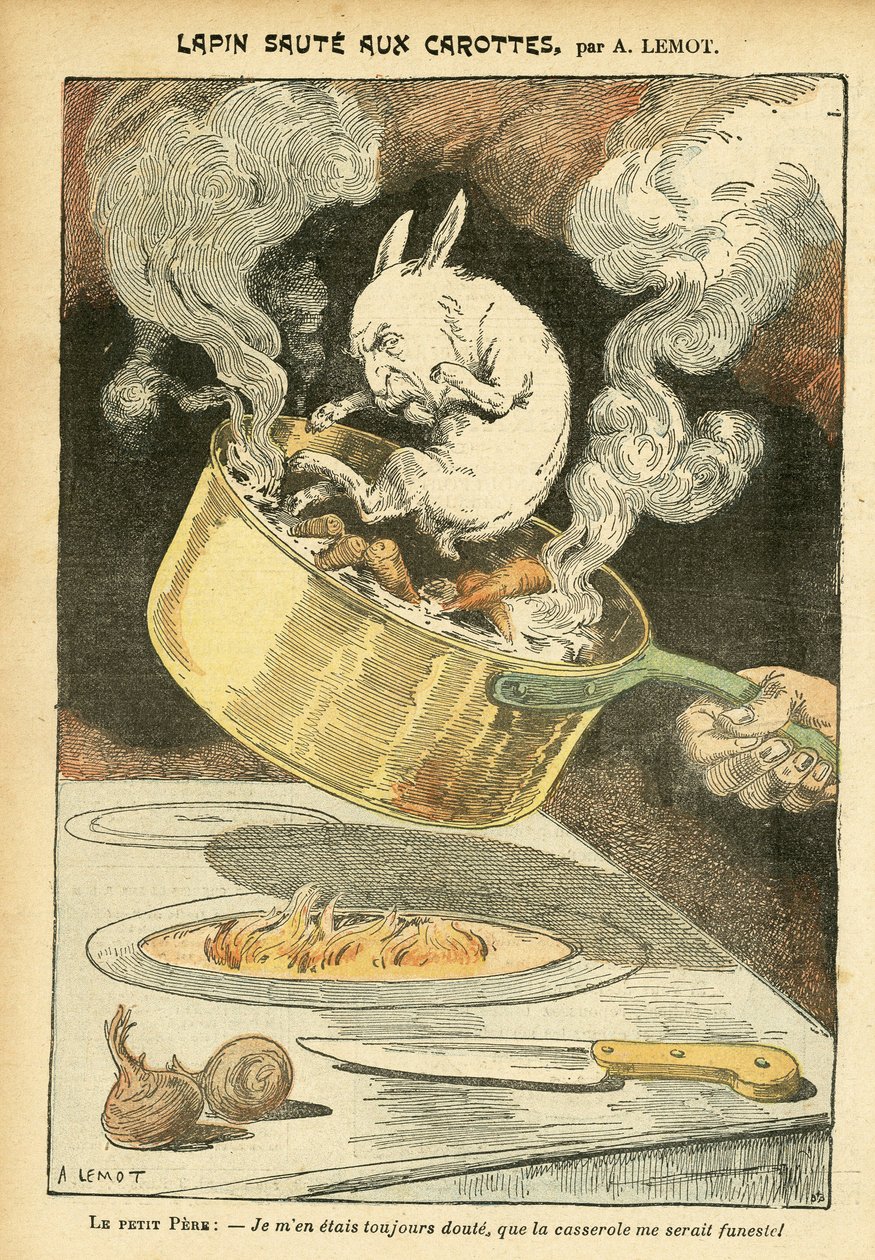 Ilustracja Achille Lemot (1846-1909) w Le Pelerin, 29/01/05 - Królik jumte z marchewką - Akta, Kuchnia gastronomiczna - Combes Emile (1835-1921), Królik - Rondel - Metafora jedzenia, Animalizacja autorstwa Achille Lemot