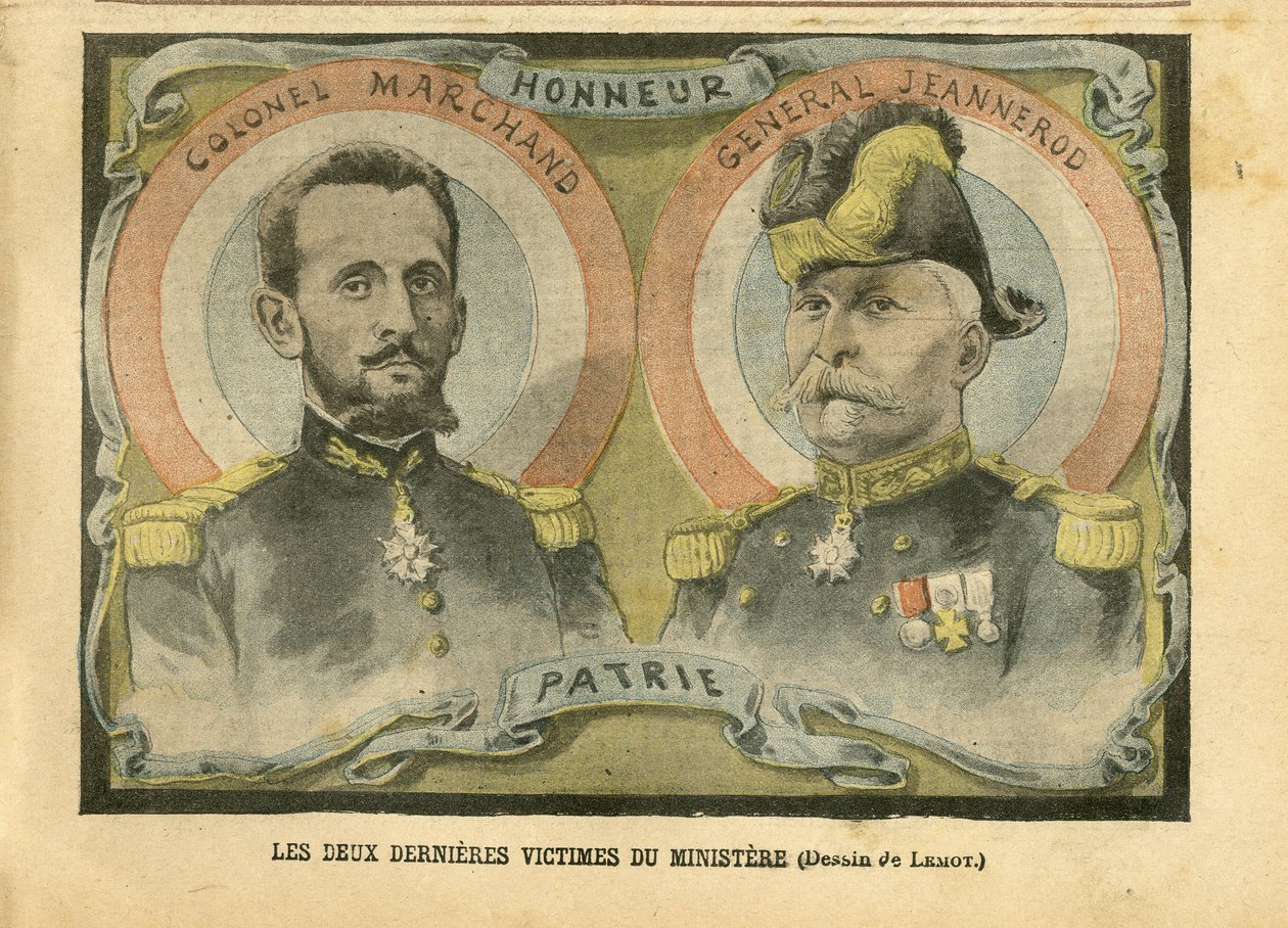 Ilustracja Achille Lemot (1846-1909) w Le Pelerin, 29/05/04 - Dwie ostatnie ofiary ministerstwa - Armee, Ministere de la guerre, Patriotisme - Laicisation Laicite Lois laiques - Marchand Jean-Baptiste (1863-1924), General Generaux, Jeannerod Gaspa autorstwa Achille Lemot
