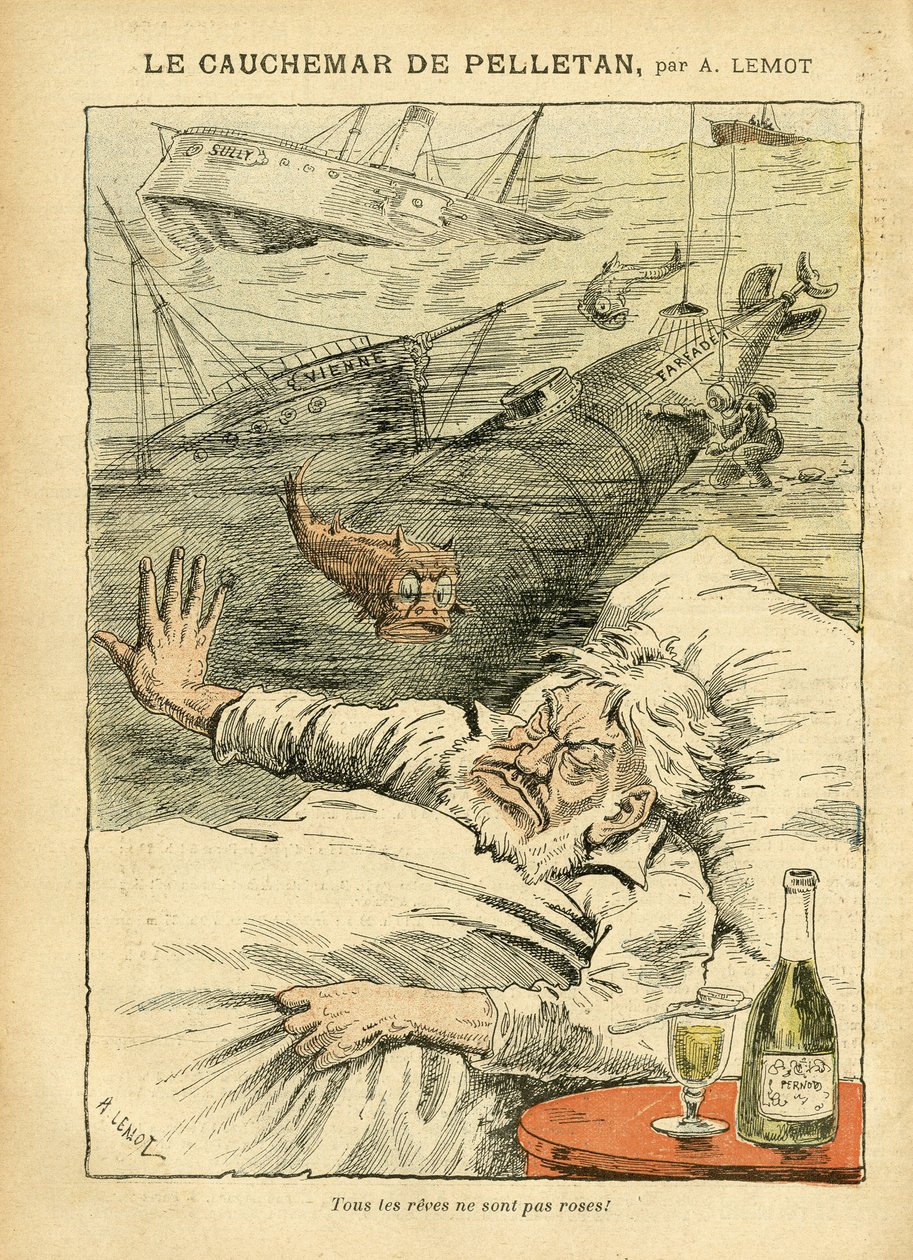 Ilustracja Achille Lemot (1846-1909) w Le Pelerin, 30/07/05 - Koszmar Pelletana - Różne fakty, Armee, Marine Marine Seaside, Łódź podwodna, Wypadki katastrof, Alkohol alkoholowy, Farfadet, Sully, Okręty wojenne - Ryby , Pelletan Cam autorstwa Achille Lemot