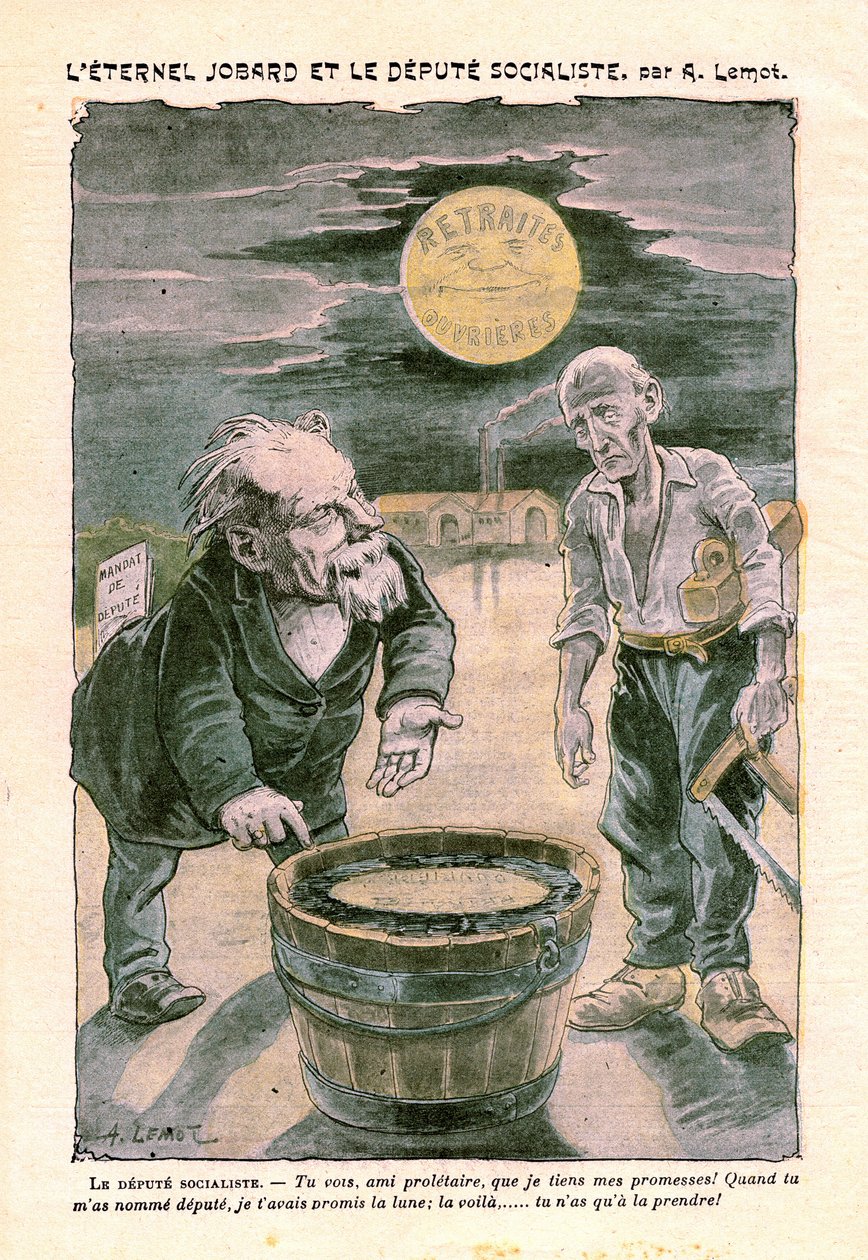 Poseł socjalistyczny obiecujący księżyc (emeryturę) biednemu proletariuszowi (cieśla), w Le Pelerin, katolicki tygodnik nr 1391 z 30 sierpnia 1903 r. A. Lemot (rysunek) autorstwa Achille Lemot
