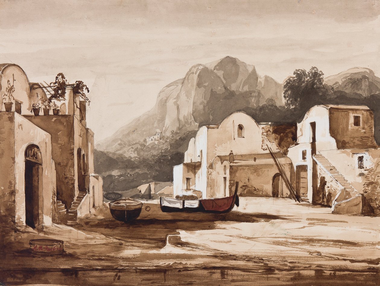 Neapolitańska wioska nadmorska, prawdopodobnie Capri z Monte Solaro, z dodatkami księcia Alfonso Maria di Borbone (1841-1934) (ołówek, sepia i gwasz na papierze) autorstwa Achille Vianelli