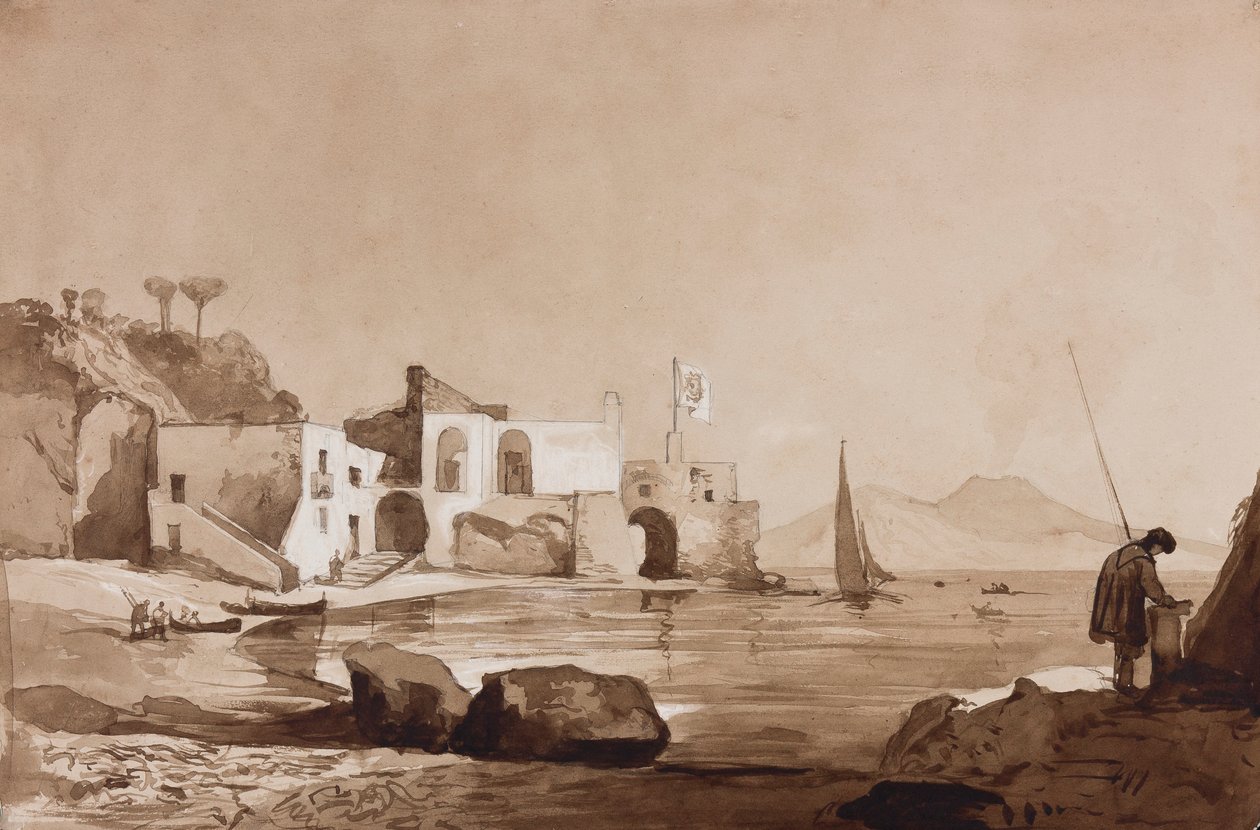 Port pod banderą Borbone z Wezuwiuszem na południu, z dodatkami ucznia Borbone (ołówek, sepia i gwasz na papierze) autorstwa Achille Vianelli