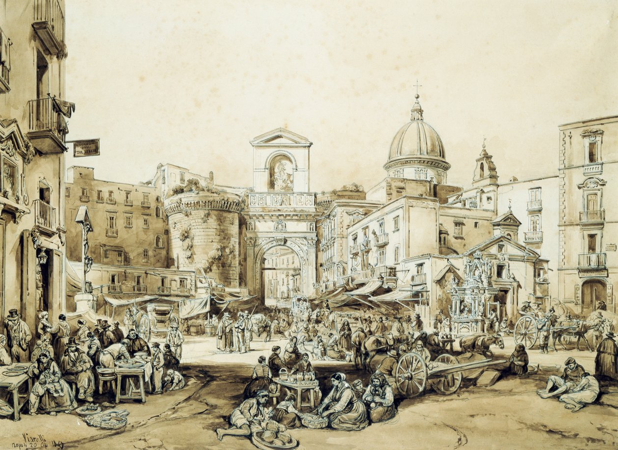 Porta Capuana w Neapolu, Achille Vianelli (1803-1894), sepia, 43x60,5 cm autorstwa Achille Vianelli