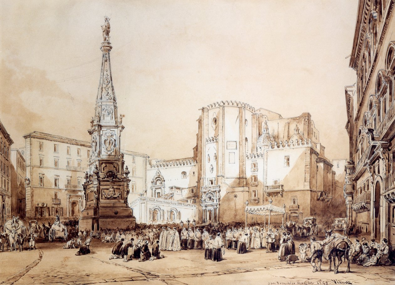 Procesja na Piazza San Domenico Maggiore w Neapolu autorstwa Achille Vianelli