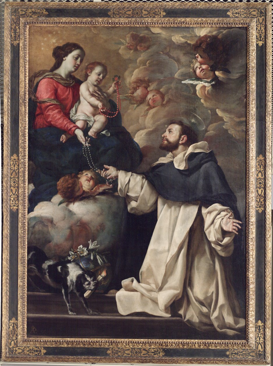 Dziewica ofiarowująca różaniec Saint Dominik, ok. 1679 - 88 (olej na płótnie) autorstwa Acsilso Antonio de Palomino