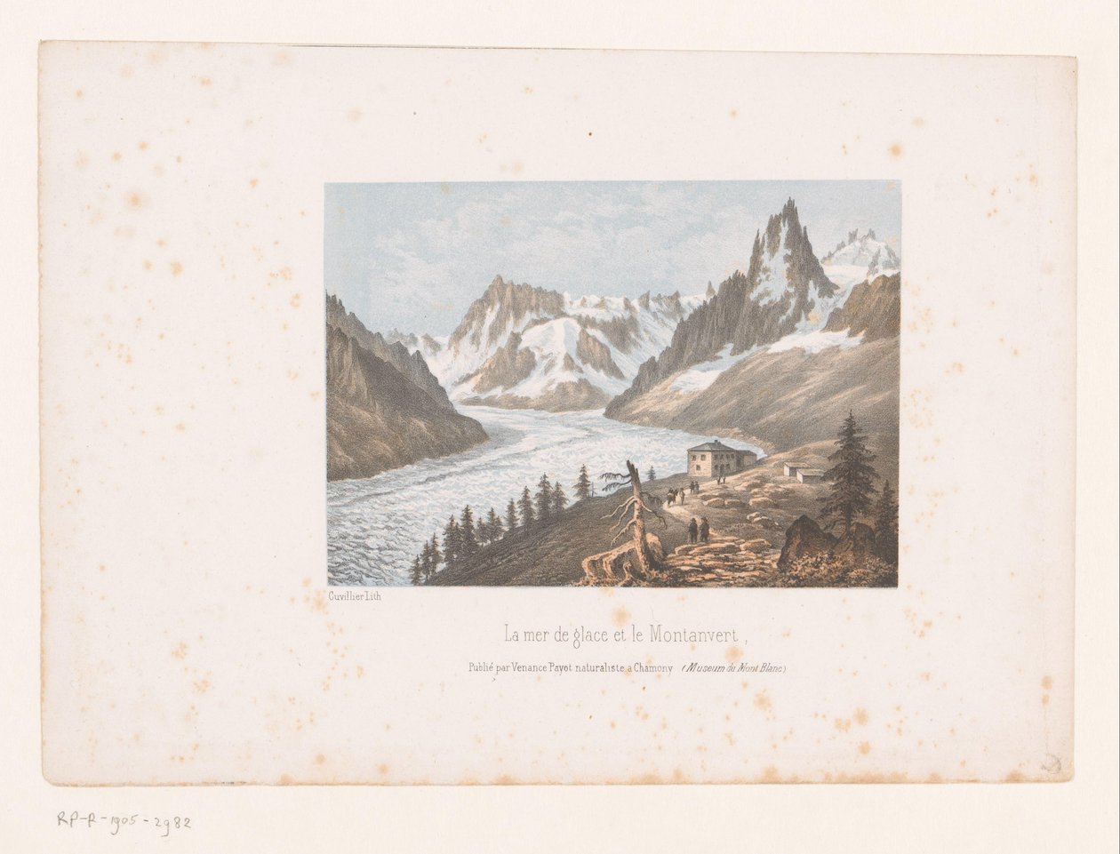 Widok na lodowce Mer de Glace i Montanvert w dolinie Chamonix La mer de glace et le Montanvert (tytuł przedmiotu) Widoki na Mont Blanc i Chamonix (tytuł serii) Museum du Mont Blanc (tytuł serii na obiekcie) autorstwa Ad. Cuvillier
