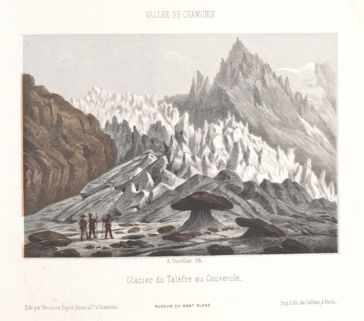 Widok na kamień Couvercle na lodowcu Talèfre Glacier du Talèfre au Couvercle (tytuł obiektu) Pamięć Chamonix-Mont-Blanc (tytuł serii) Museum du Mont-Blanc (tytuł serii na obiekcie) autorstwa Ad. Cuvillier