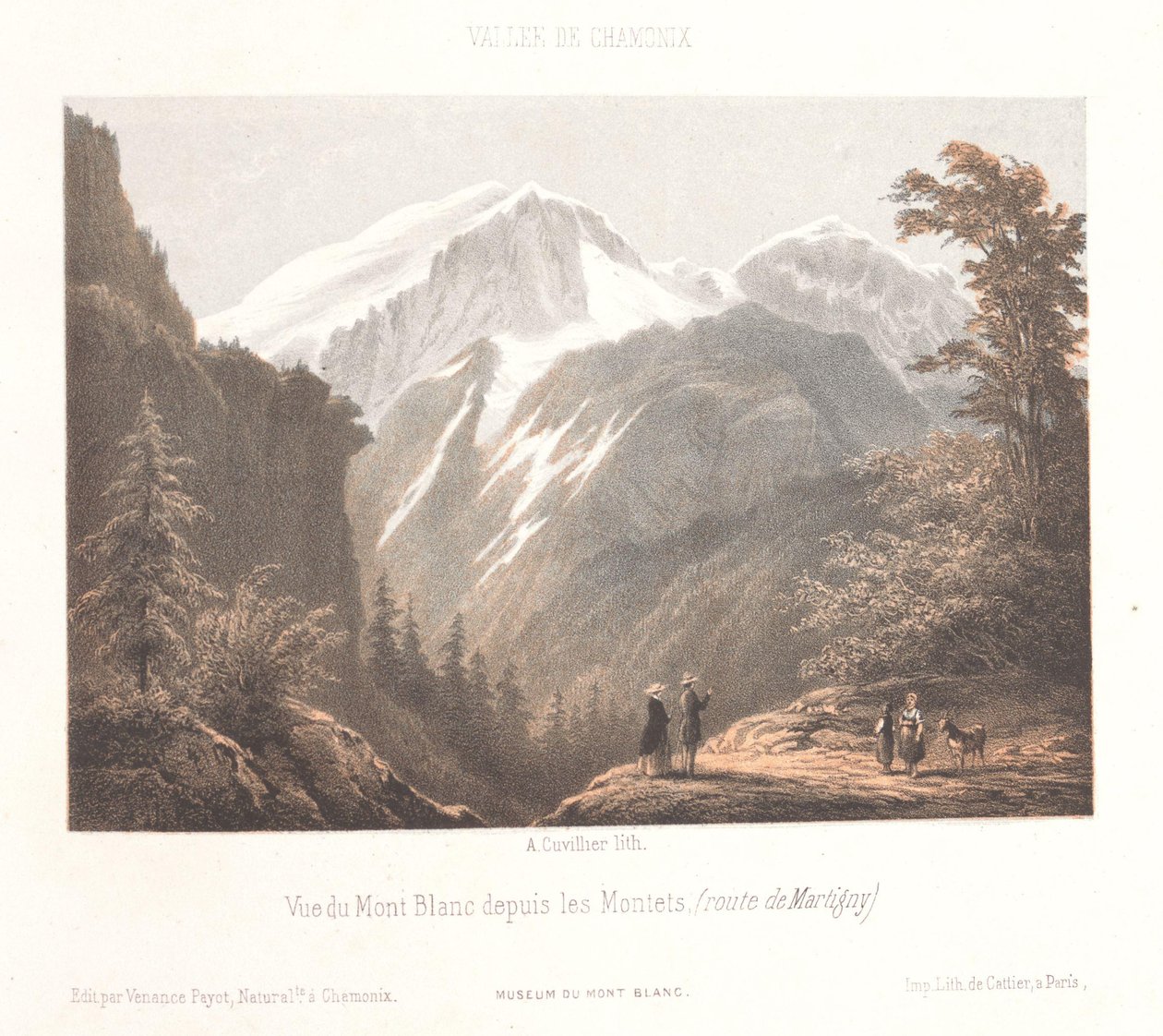 Widok na lodowiec Mer-de-Glace La Mer de glace et le Montanvert (tytuł obiektu) Pamięć Chamonix-Mont-Blanc (tytuł serii) Museum du Mont-Blanc (tytuł serii na obiekcie) autorstwa Ad. Cuvillier