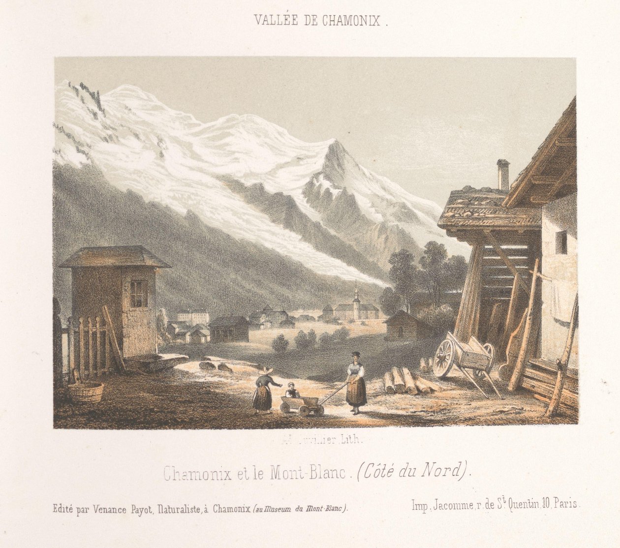 Zicht op de valley van Chamonix vanaf de pas Les Montees Wejście do Doliny Chamonix w Montees (tytuł na obiekcie) Herinnering w Chamonix-Mont-Blanc (tytuł serii) Muzeum Mont-Blanc (tytuł serii na obiekcie) autorstwa Ad. Cuvillier