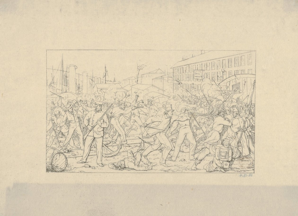 Bitwa w Baltimore, 19 kwietnia 1861 z Confederate War Etchings, 1861-63. autorstwa Adalbert John Volck