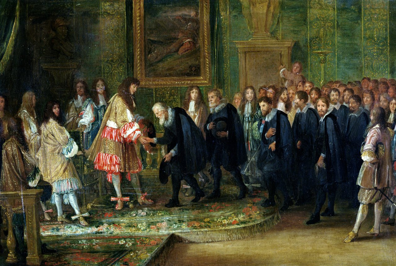 Przyjęcie ambasadorów trzynastu szwajcarskich kantonów przez Ludwika XIV (1638-1715) w Luwrze, 11 listopada 1663, 1664 autorstwa Adam Frans van der Meulen