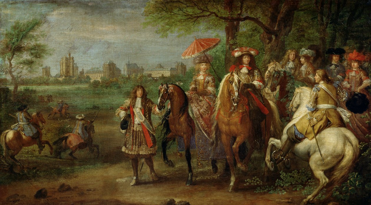 Widok na Chateau de Vincennes z Ludwikiem XIV (1638-1715) i Marią Teresą (1638-83) z Austrii, 1669 autorstwa Adam Frans van der Meulen