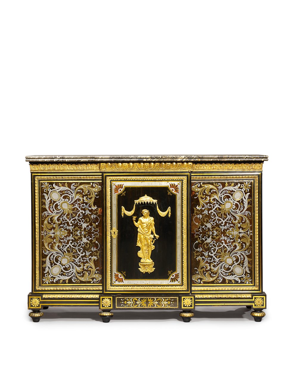 Szafka boczna w stylu Ludwika XVI, zamówiona przez Marchand-Mercier Claude-Francois Julliot, z intarsjowanymi panelami w stylu Ludwika XIV, ok. 1775-1800 (oprawa ormolu, heban i cyna inkrustowany hebanem i szylkretem autorstwa Adam (attr. to) Weisweiler