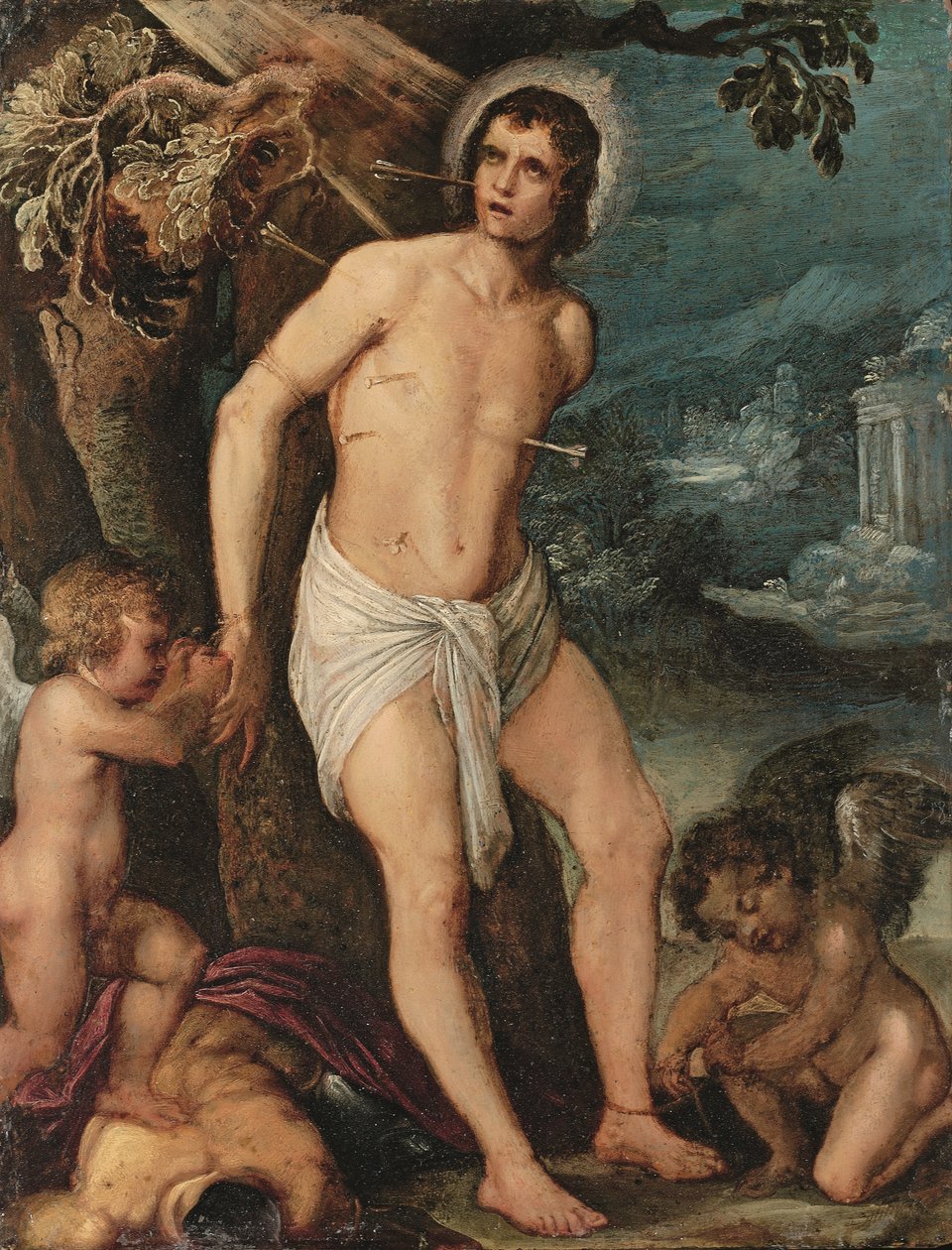 Święty Sebastian w asyście aniołów (olej na miedzi) autorstwa Adam (circle of) Elsheimer