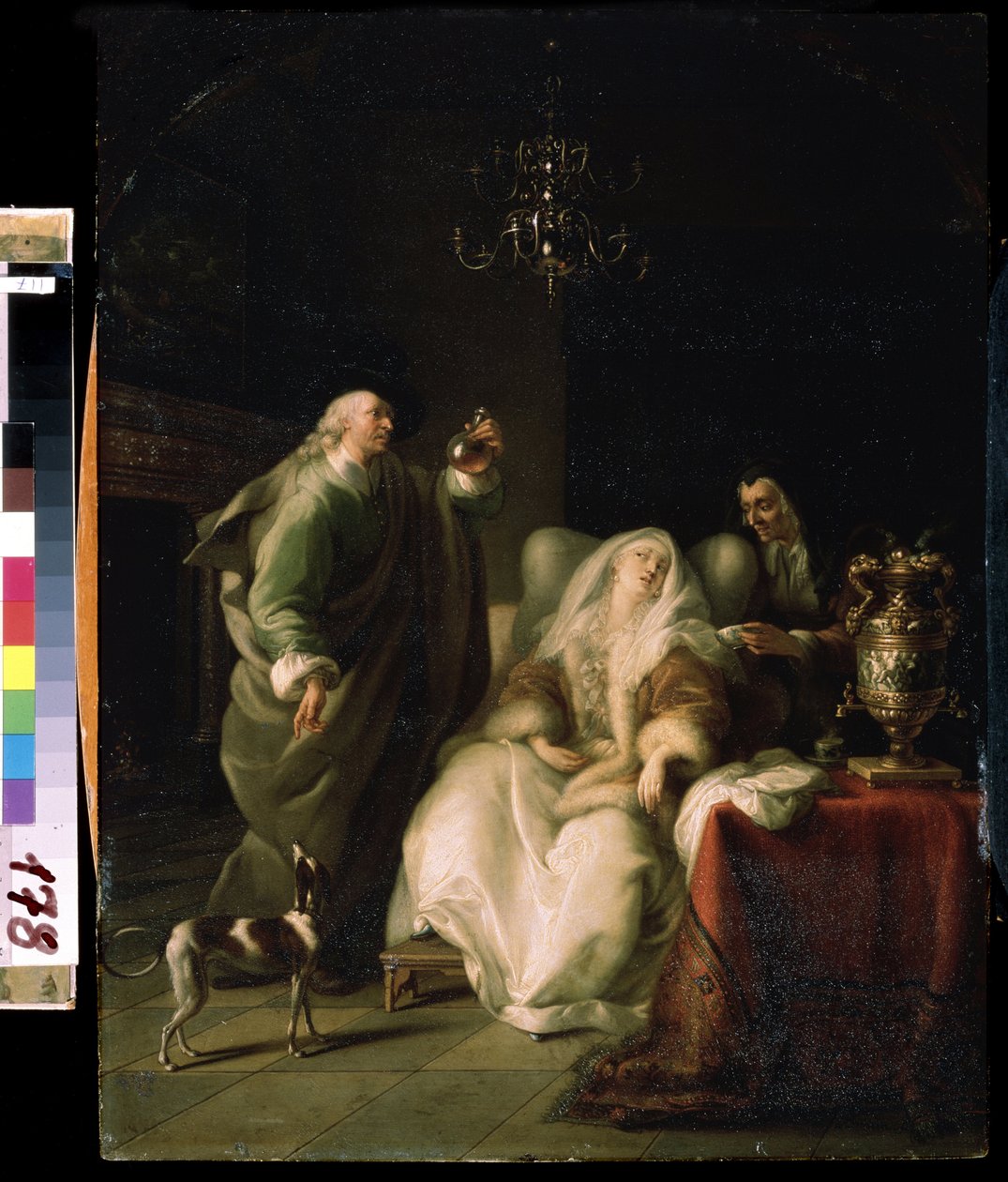 "La Consult du medecin" (Kobieta chora i lekarz) Lekarz bada fiolkę moczu podczas konsultacji chorej. Obraz Adama Brauna (1748-1827) Muzeum Sztuki Michaiła Kroszyckiego, Sewastopol (Sewastopol) Ukraina autorstwa Adam Braun