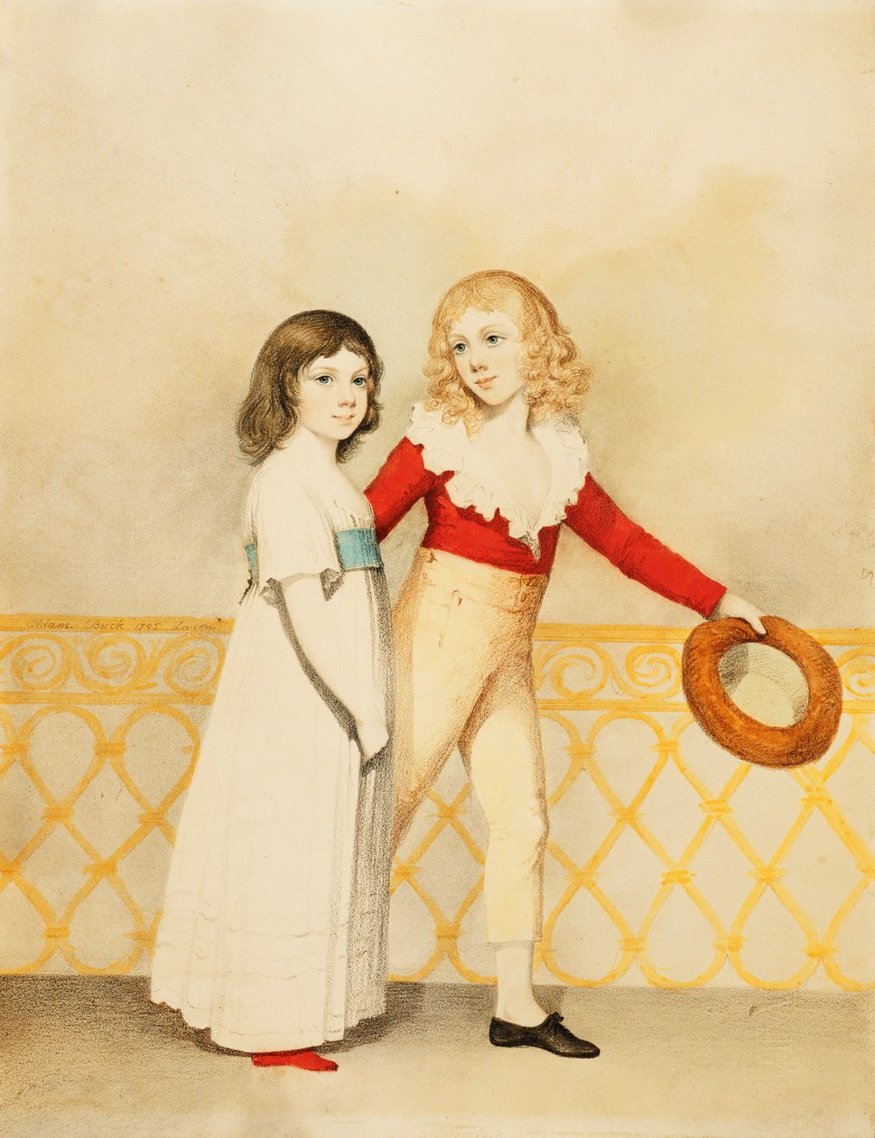Portret Williama Bellinghama Budwortha i jego siostry Emmy Mary, mała pełna długość, na balkonie, 1795 autorstwa Adam Buck